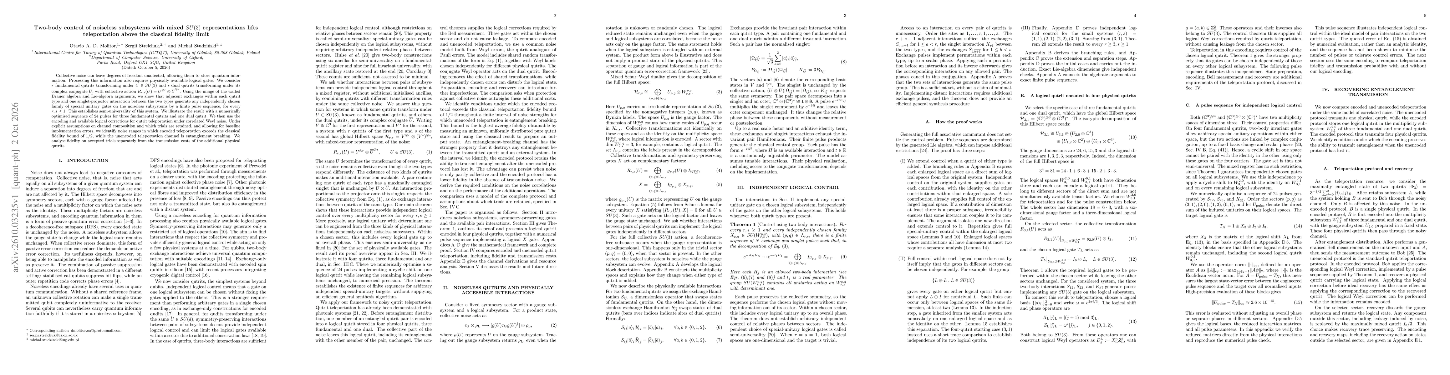 Thumbnail for Two-body control of noiseless subsystems with mixed $SU(3)$ representations lifts teleportation above the classical fidelity limit