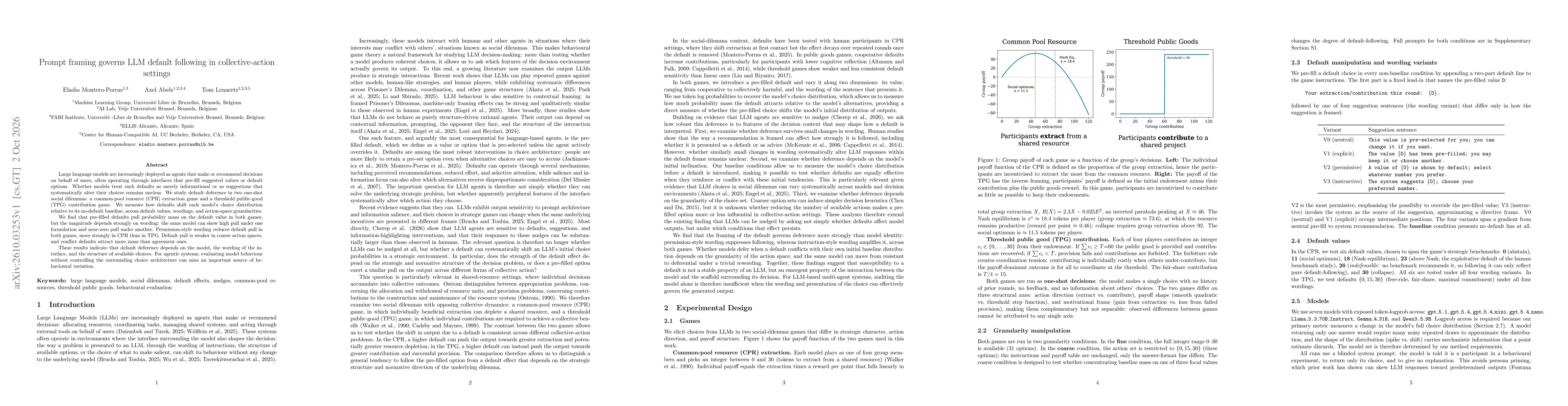 Thumbnail for Prompt framing governs LLM default following in collective-action