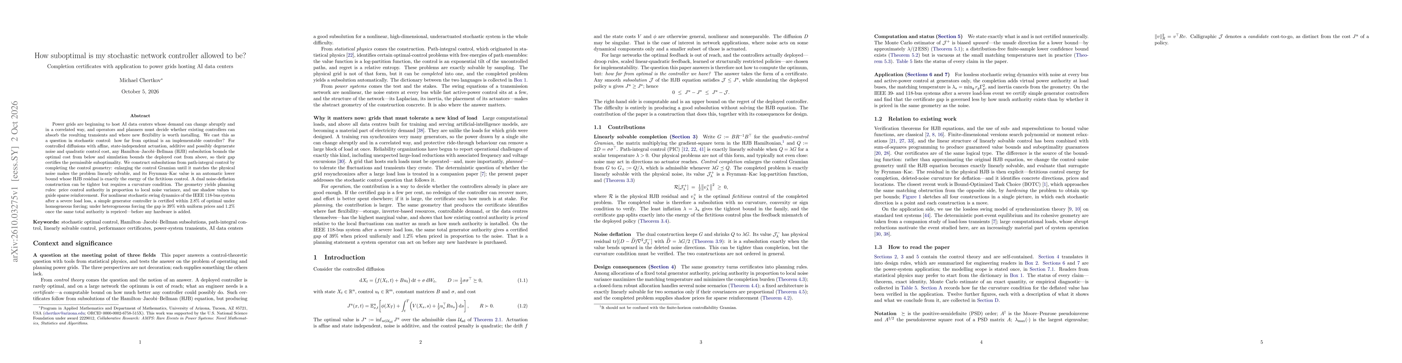 Thumbnail for How suboptimal is my stochastic network controller allowed to be? Completion certificates with application to power grids hosting AI data centers