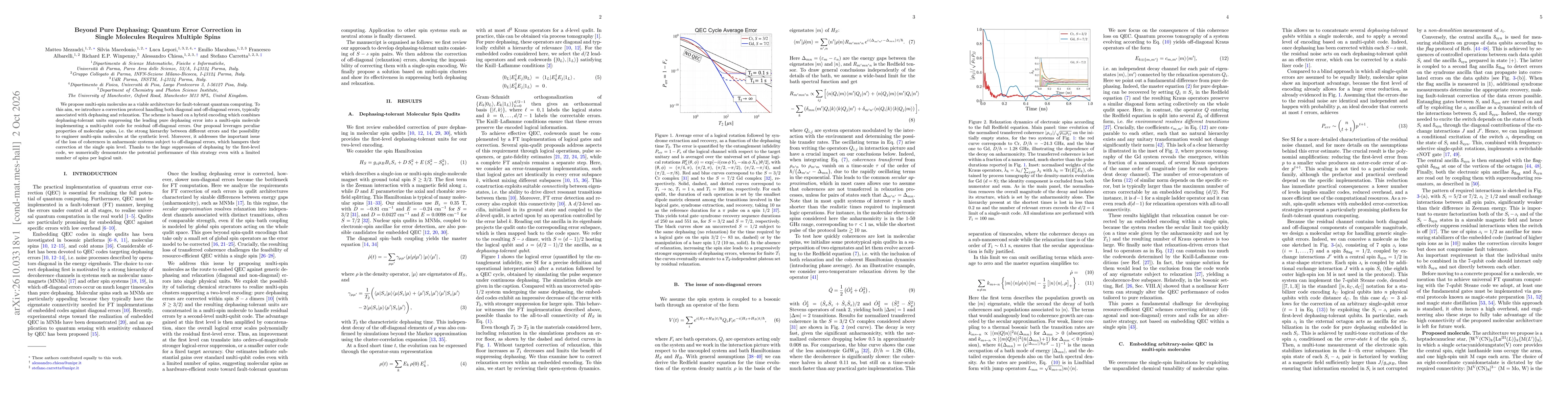Thumbnail for Beyond Pure Dephasing: Quantum Error Correction in Single Molecules Requires Multiple Spins