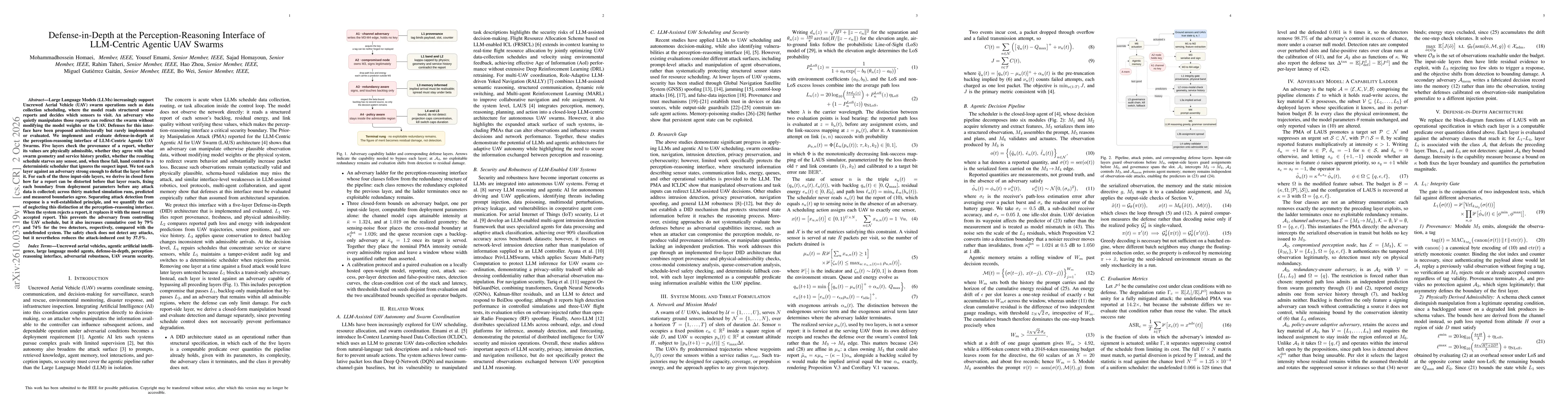 Thumbnail for Defense-in-Depth at the Perception-Reasoning Interface of LLM-Centric Agentic UAV Swarms