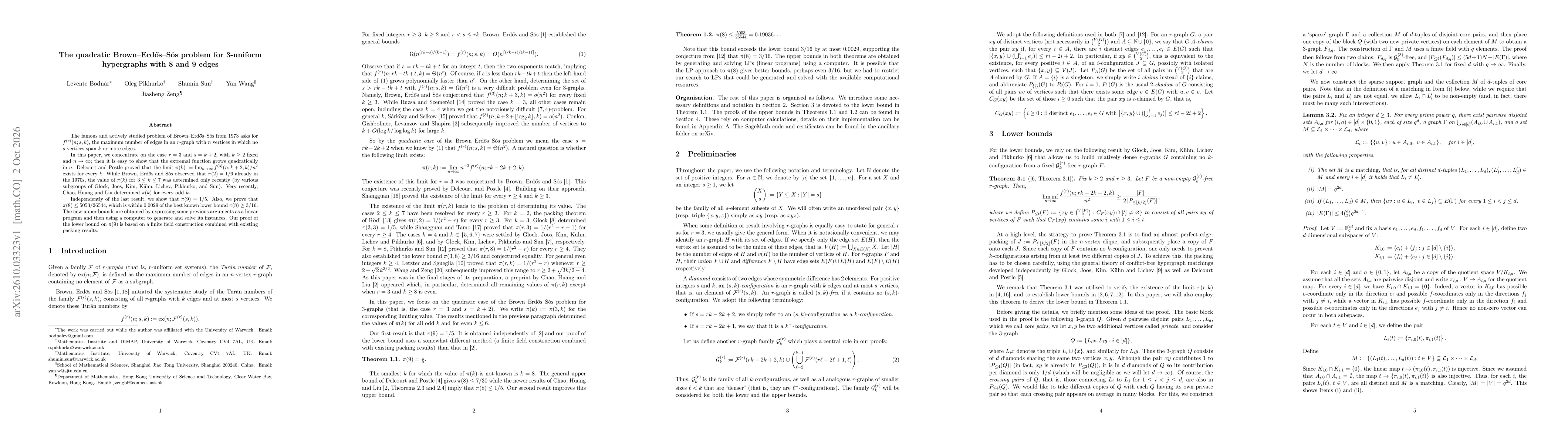 Thumbnail for The quadratic Brown--Erdős--Sós problem for 3-uniform hypergraphs with 8 and 9 edges