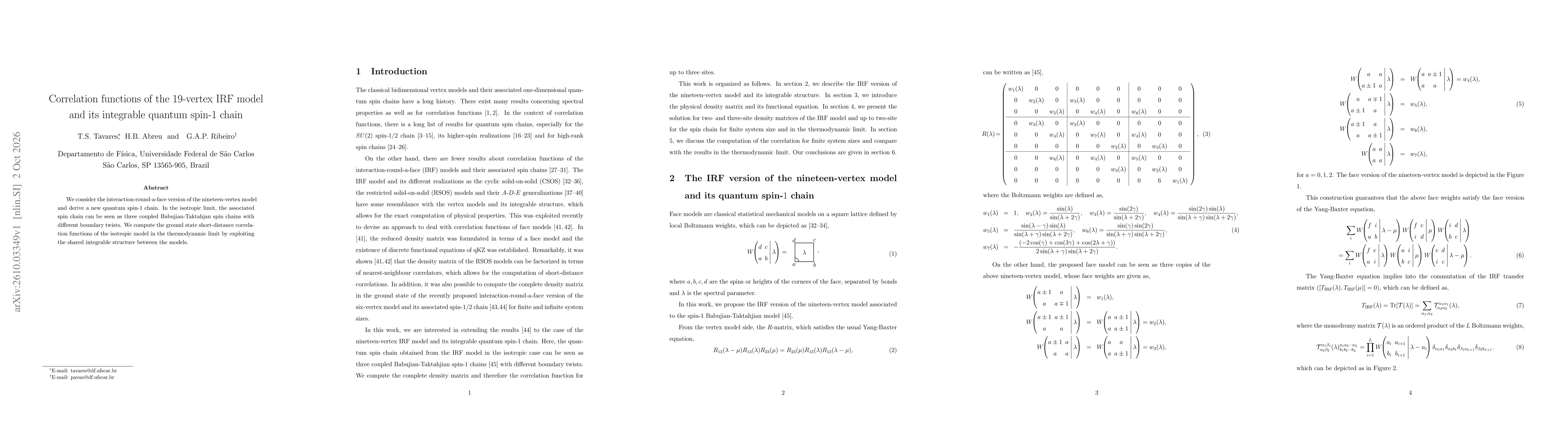 Thumbnail for Correlation functions of the 19-vertex IRF model and its integrable quantum spin-1 chain