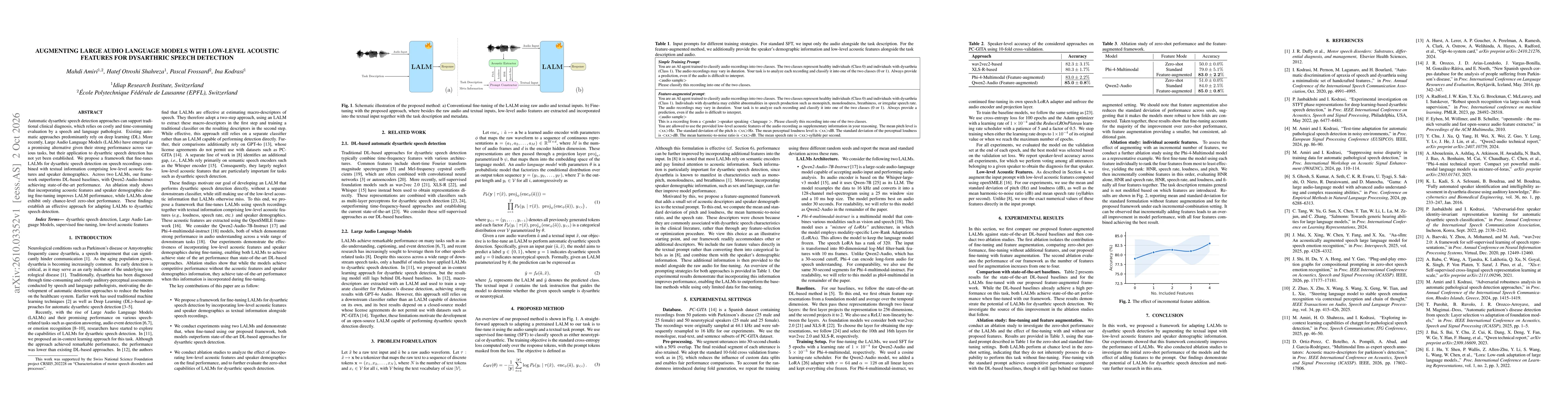 Thumbnail for Augmenting Large Audio Language Models with Low-Level Acoustic Features for Dysarthric Speech Detection