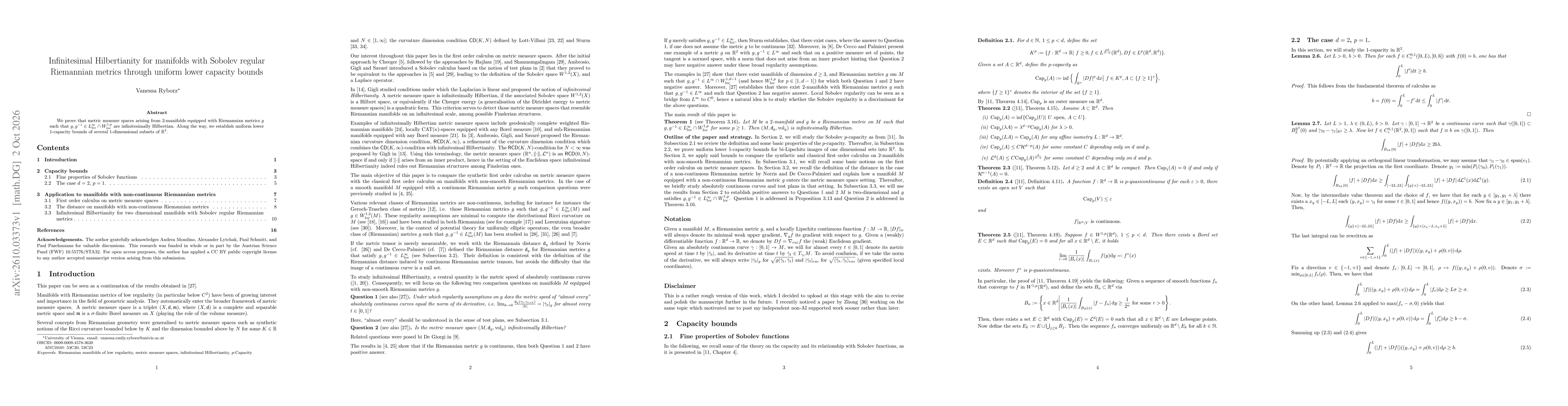 Thumbnail for Infinitesimal Hilbertianity for manifolds with Sobolev regular Riemannian metrics through uniform lower capacity bounds