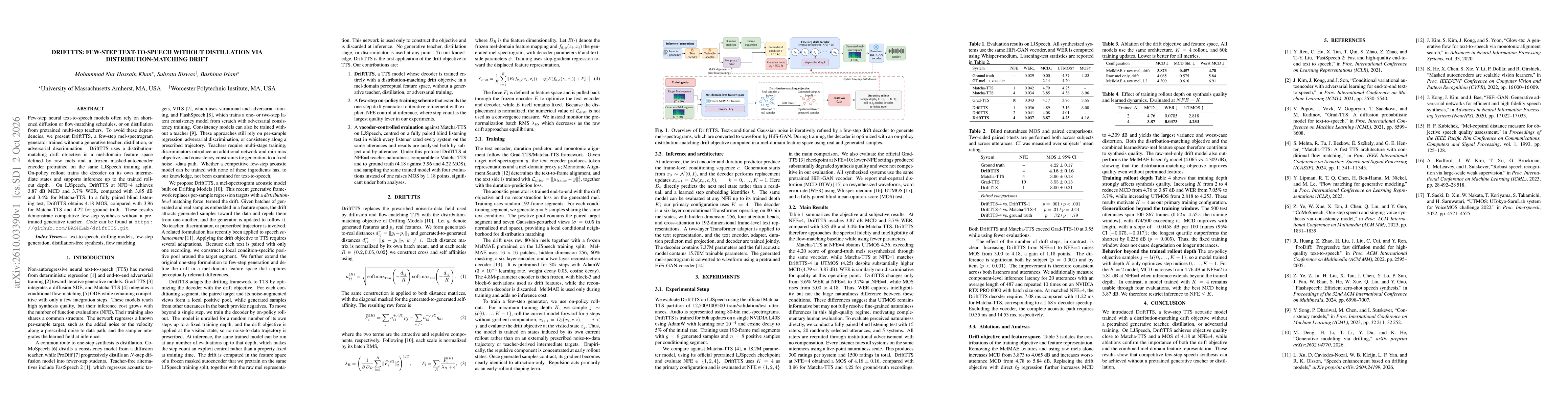 Thumbnail for DriftTTS: Few-Step Text-to-Speech Without Distillation via Distribution-Matching Drift