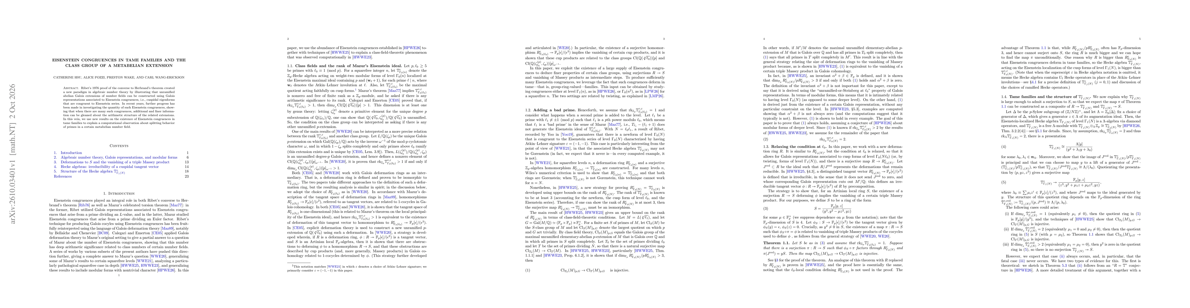 Thumbnail for Eisenstein congruences in tame families and the class group of a metabelian extension