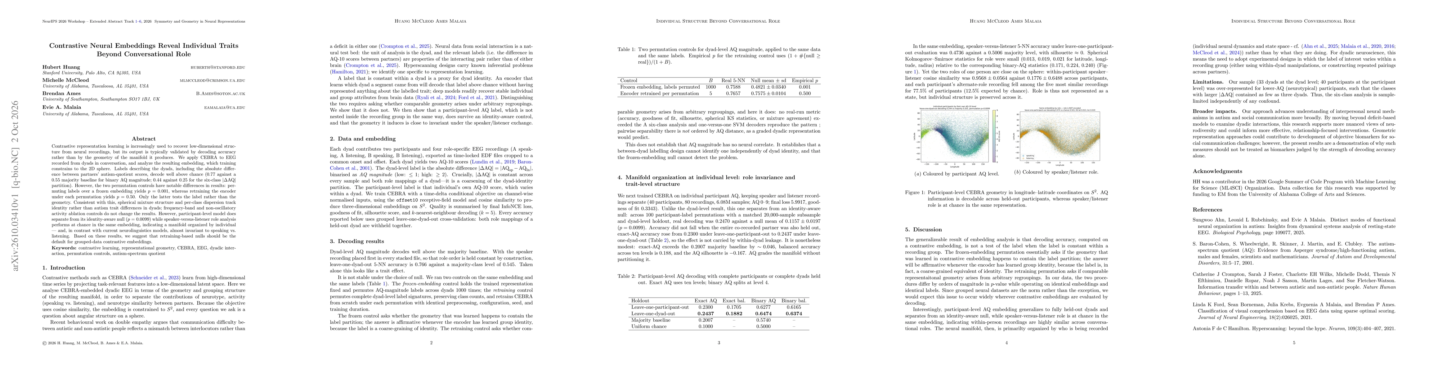 Thumbnail for Contrastive Neural Embeddings Reveal Individual Traits Beyond Conversational Role