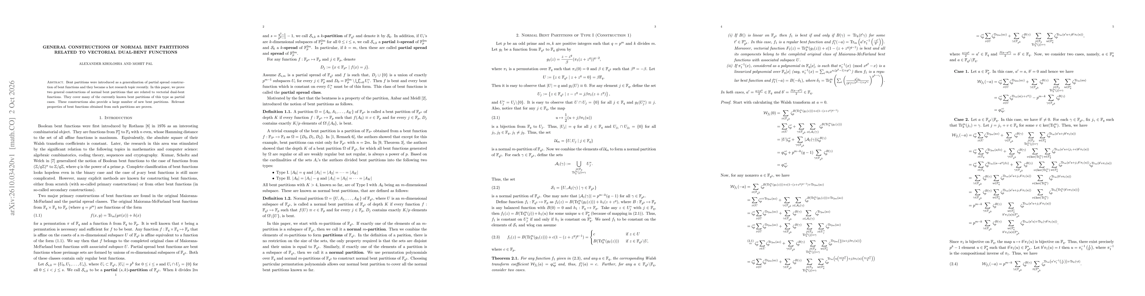 Thumbnail for General constructions of normal bent partitions related to vectorial dual-bent functions