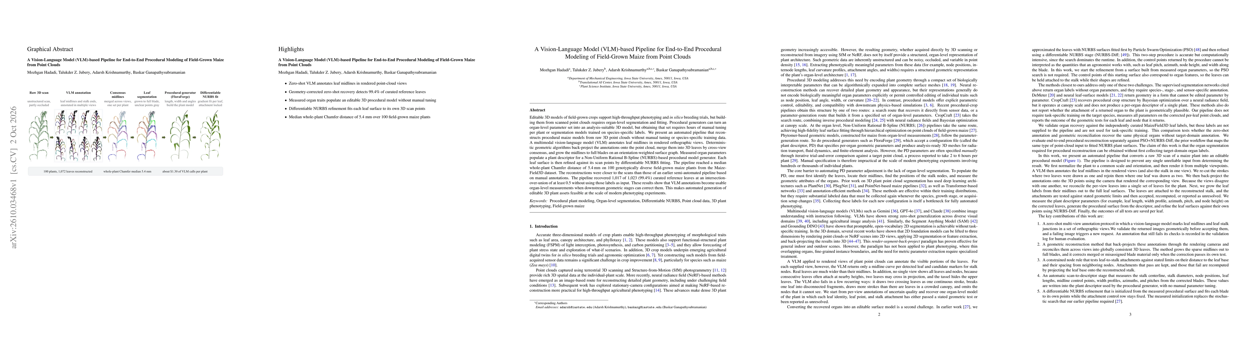 Thumbnail for A Vision-Language Model (VLM)-based Pipeline for End-to-End Procedural Modeling of Field-Grown Maize from Point Clouds
