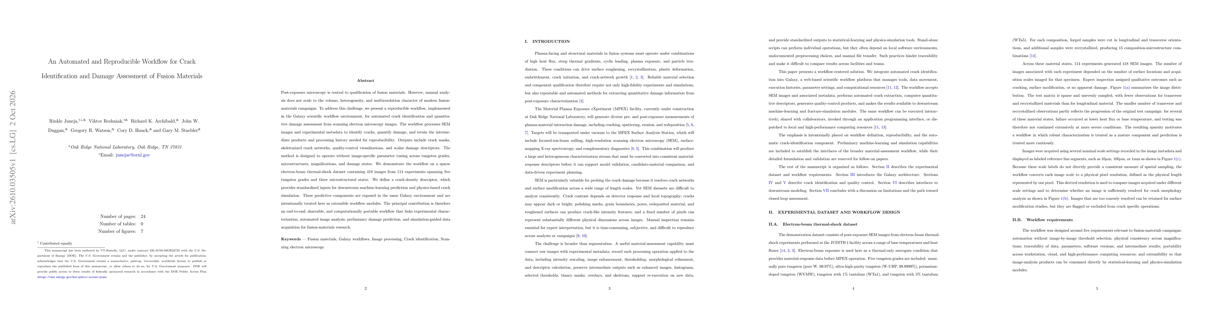 Thumbnail for An Automated and Reproducible Workflow for Crack Identification and Damage Assessment of Fusion Materials