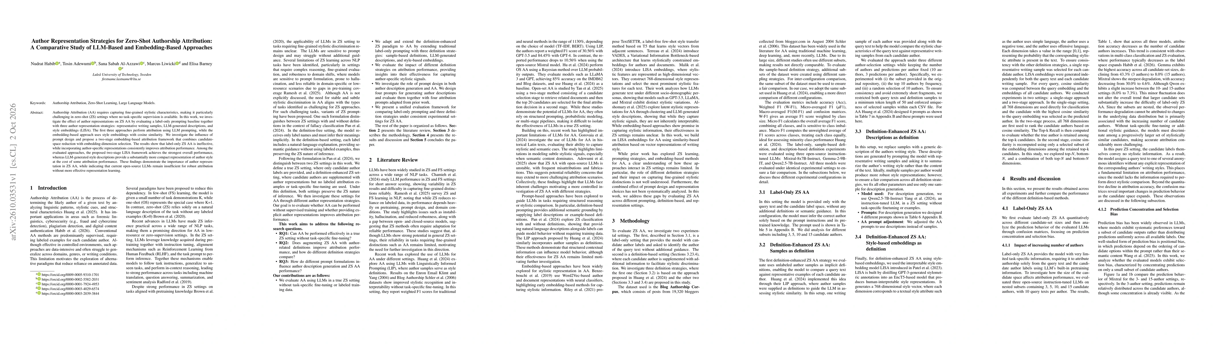 Thumbnail for Author Representation Strategies for Zero-Shot Authorship Attribution: A Comparative Study of LLM-Based and Embedding-Based Approaches