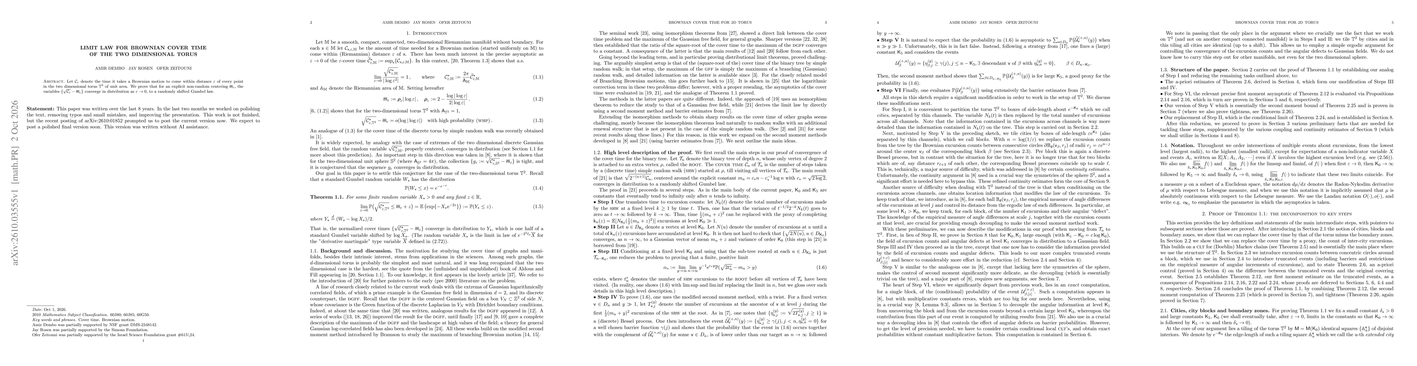 Thumbnail for Limit law for Brownian cover time of the two dimensional torus