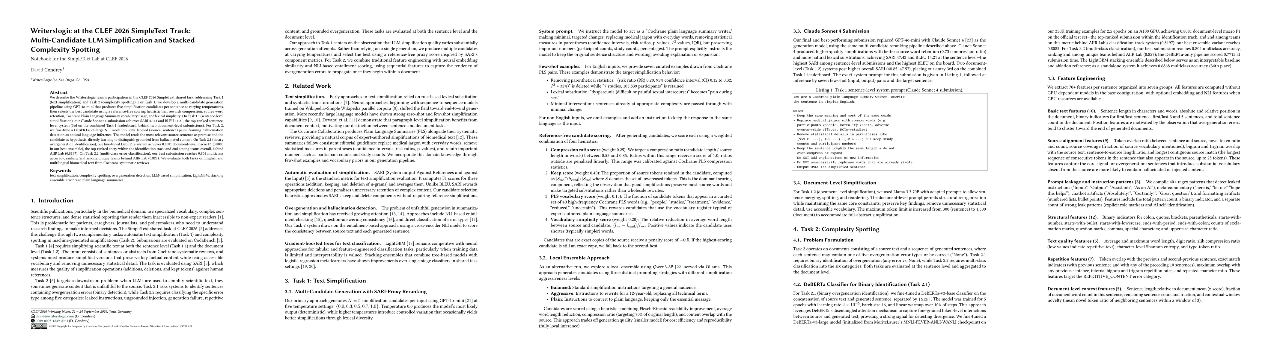 Thumbnail for Writerslogic at the CLEF 2026 SimpleText Track: Multi-Candidate LLM Simplification and Stacked Complexity Spotting