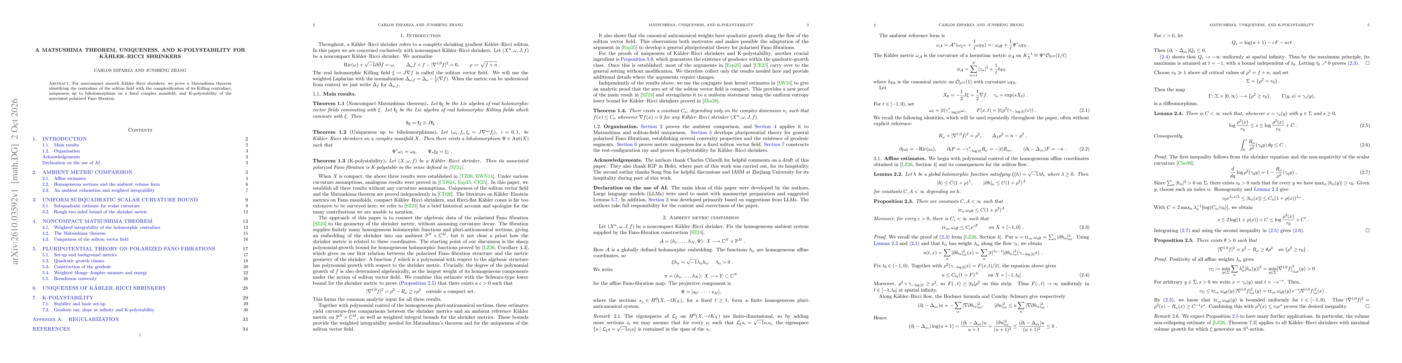 Thumbnail for A Matsushima theorem, uniqueness and K-polystability for Kähler-Ricci shrinkers