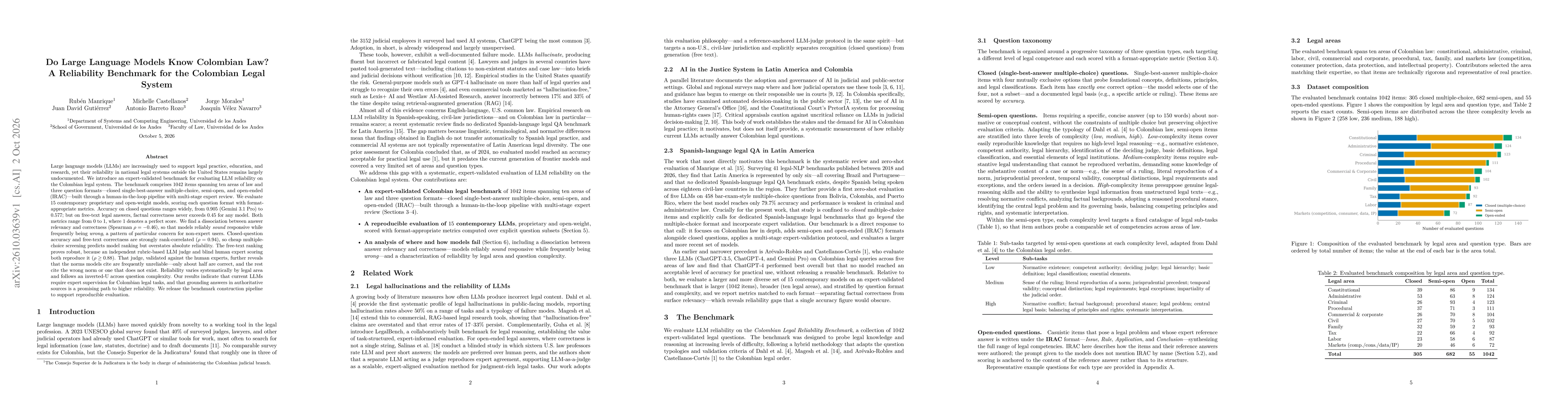 Thumbnail for Do Large Language Models Know Colombian Law? A Reliability Benchmark for the Colombian Legal System