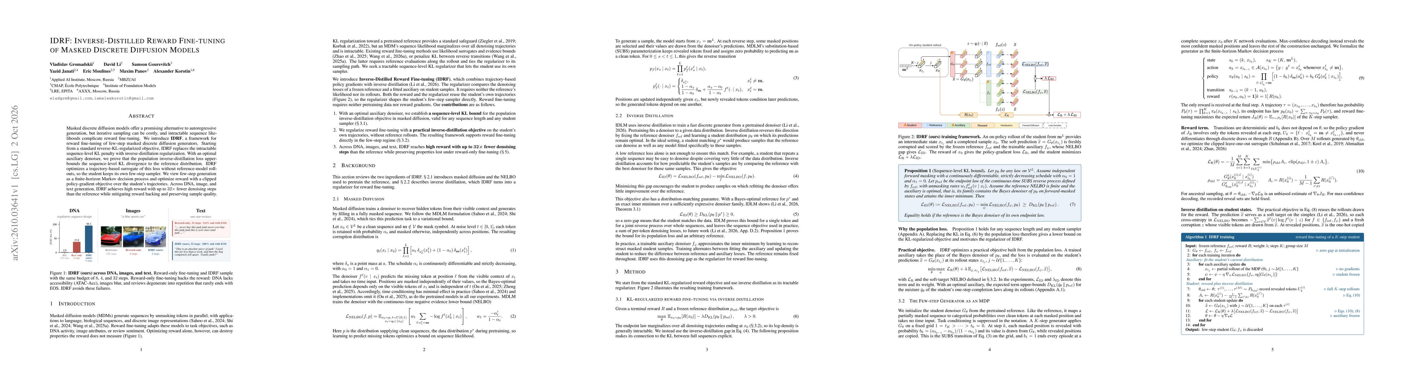 Thumbnail for IDRF: Inverse-Distilled Reward Fine-tuning of Masked Discrete Diffusion Models