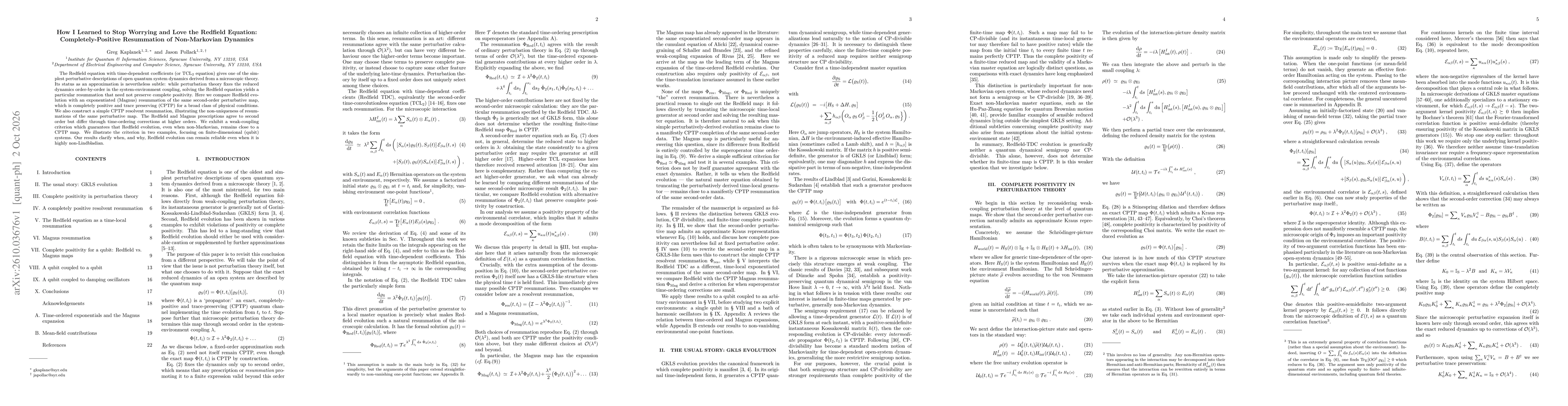 Thumbnail for How I Learned to Stop Worrying and Love the Redfield Equation: Completely-Positive Resummation of Non-Markovian Dynamics