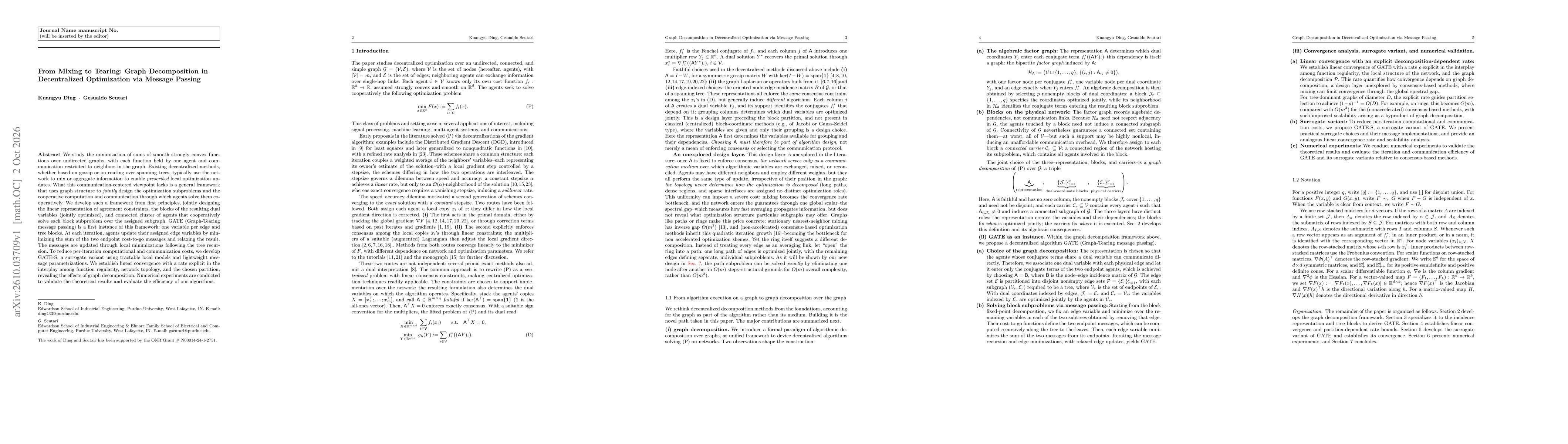 Thumbnail for From Mixing to Tearing: Graph Decomposition in Decentralized Optimization via Message Passing