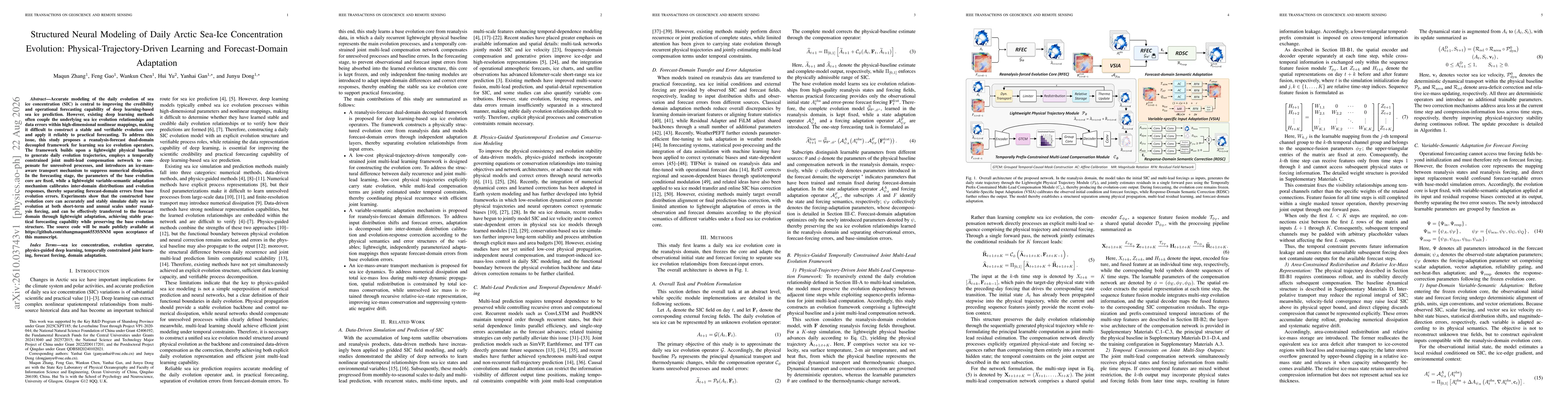 Thumbnail for Structured Neural Modeling of Daily Arctic Sea-Ice Concentration Evolution: Physical-Trajectory-Driven Learning and Forecast-Domain Adaptation