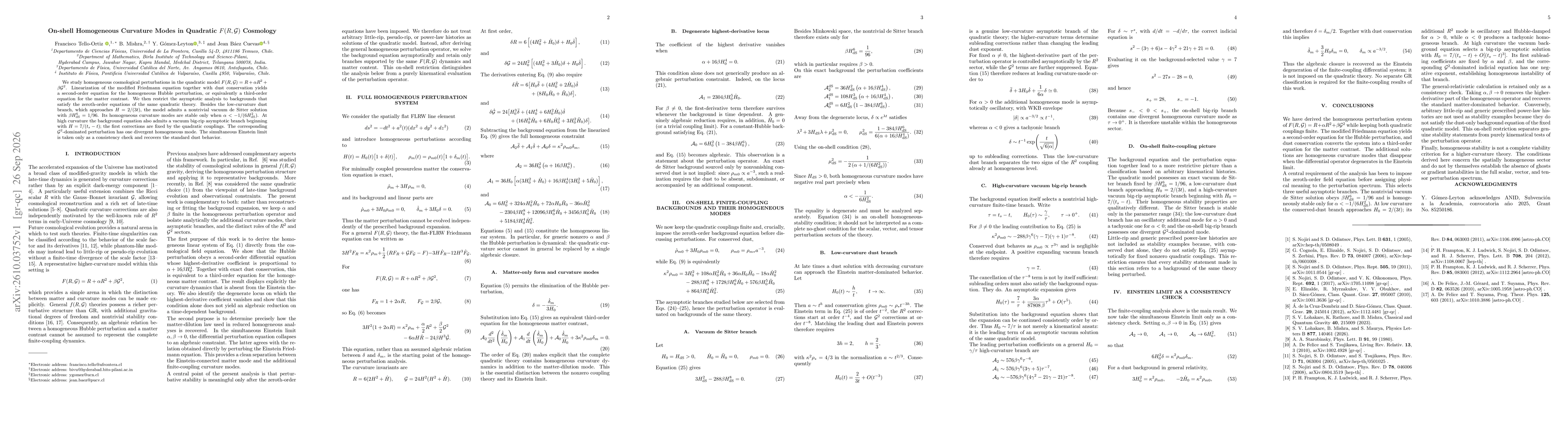 Thumbnail for On-shell Homogeneous Curvature Modes in Quadratic $F(R,\mathcal G)$ Cosmology