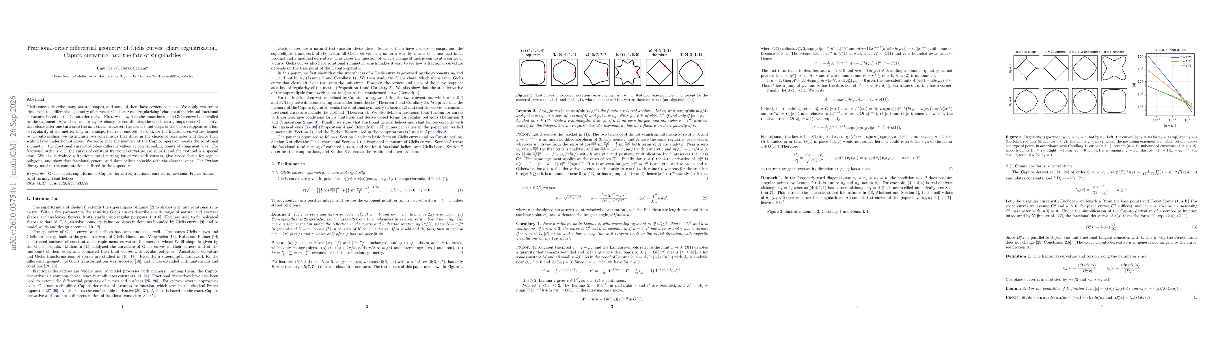 Thumbnail for Fractional-order differential geometry of Gielis curves: chart regularization, Caputo curvature, and the fate of singularities