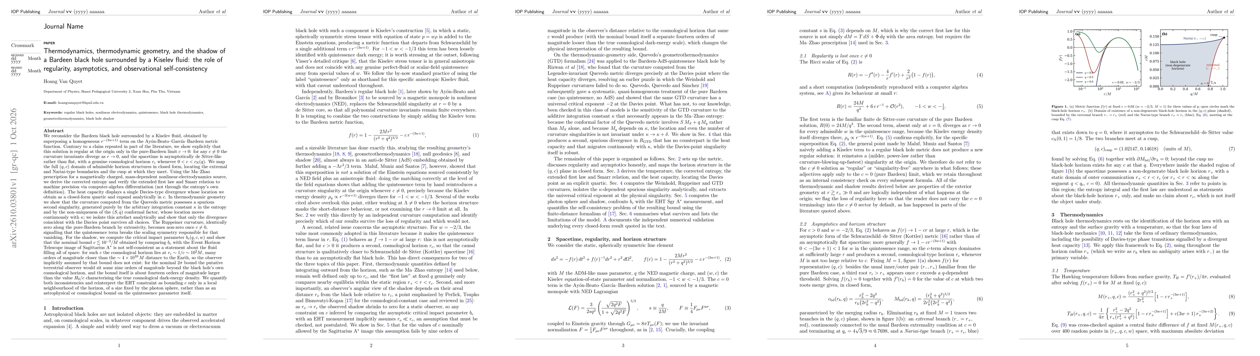 Thumbnail for Thermodynamics, thermodynamic geometry, and the shadow of a Bardeen black hole surrounded by a Kiselev fluid: the role of regularity, asymptotics, and observational self-consistency