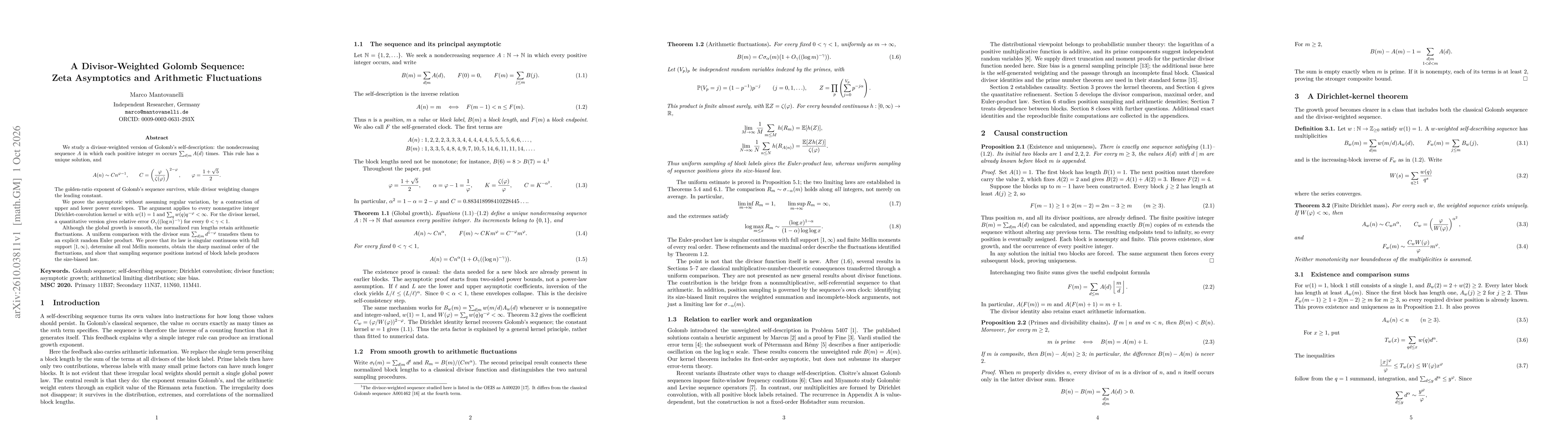 Thumbnail for A Divisor-Weighted Golomb Sequence: Zeta Asymptotics and Arithmetic Fluctuations