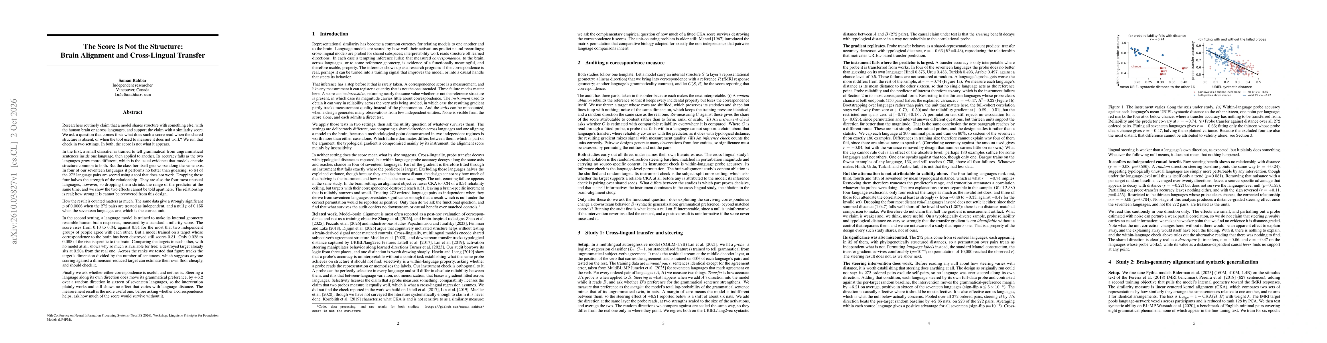 Thumbnail for The Score Is Not the Structure: Brain Alignment and Cross-Lingual Transfer