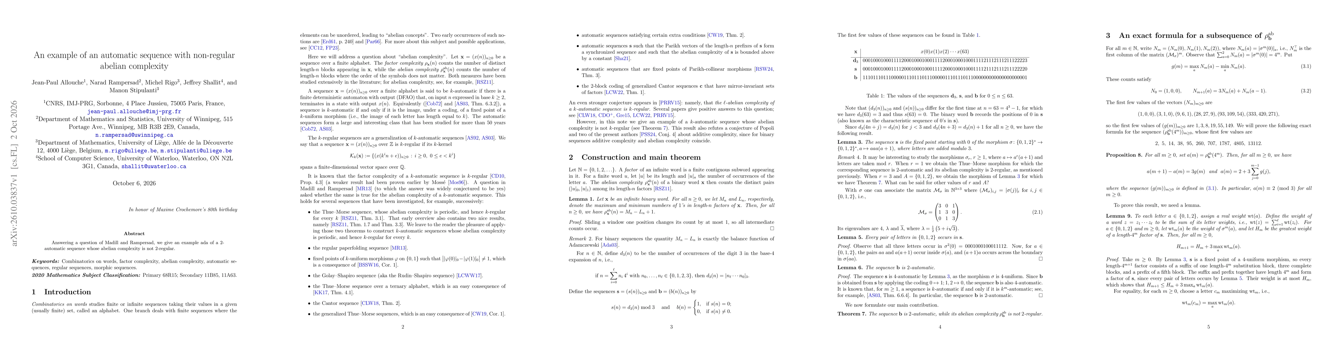 Thumbnail for An example of an automatic sequence with non-regular abelian complexity