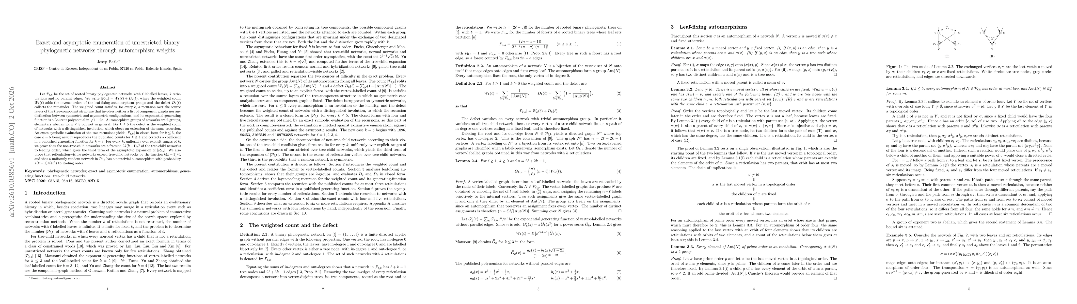 Thumbnail for Exact and asymptotic enumeration of unrestricted binary phylogenetic networks through automorphism weights