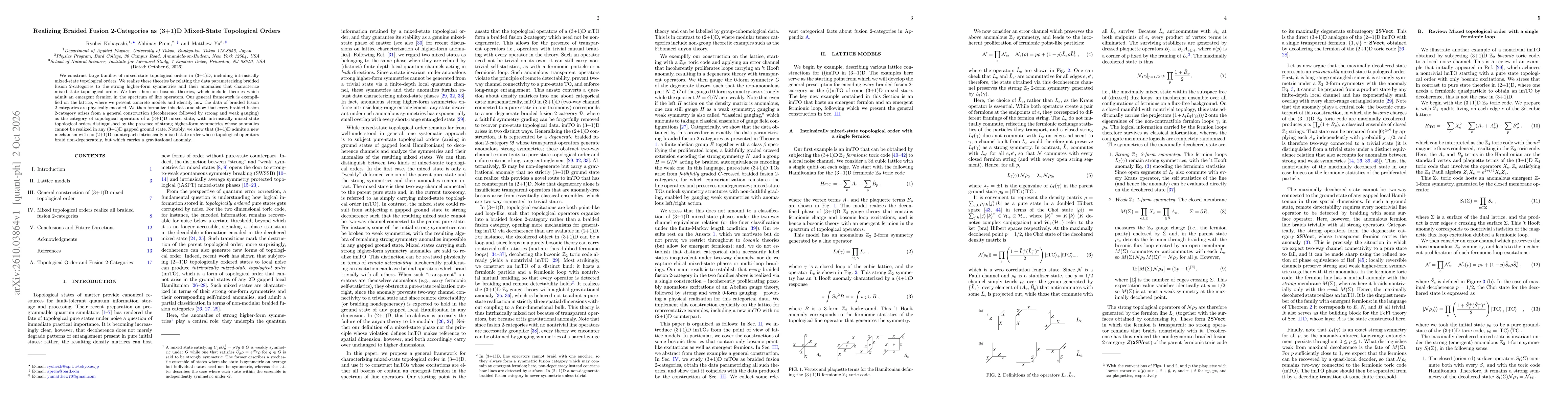 Thumbnail for Realizing Braided Fusion 2-Categories as (3+1)D Mixed-State Topological Orders