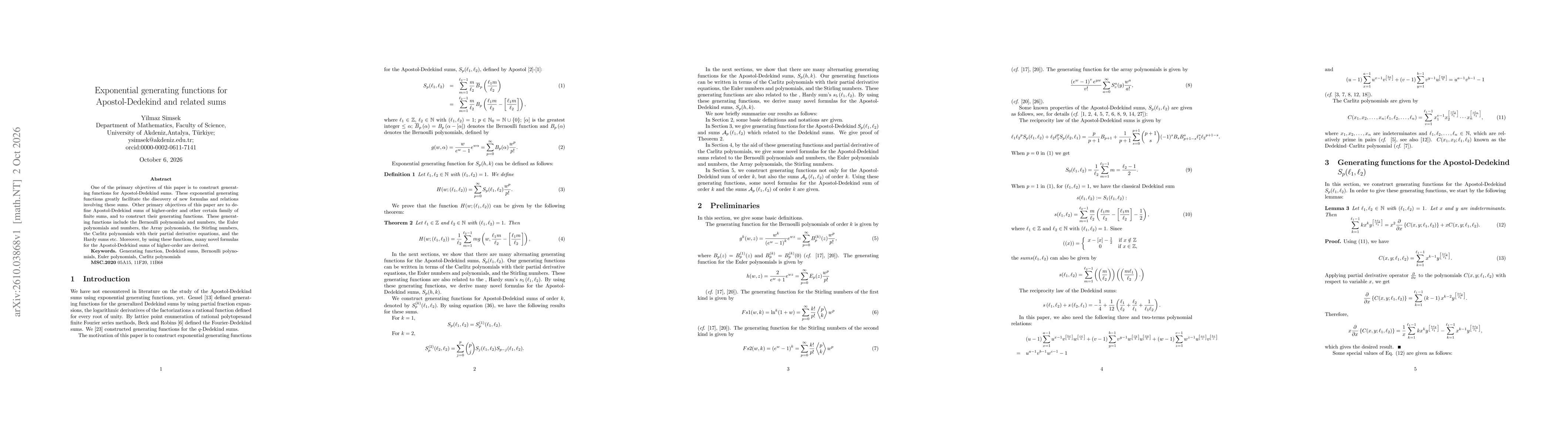 Thumbnail for Exponential generating functions for Apostol-Dedekind and related sums