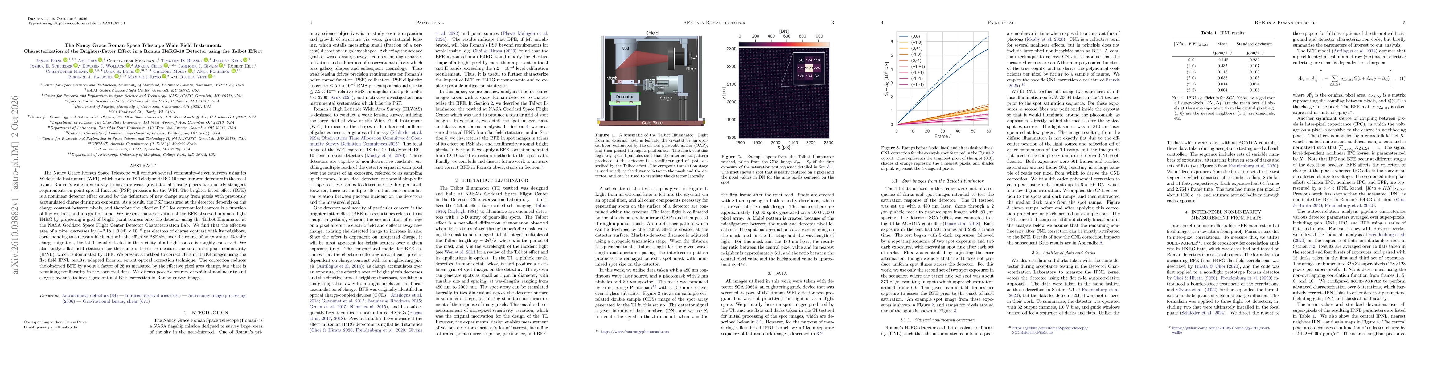 Thumbnail for The Nancy Grace Roman Space Telescope Wide Field Instrument: Characterization of the Brighter-Fatter Effect in a Roman H4RG-10 Detector using the Talbot Effect