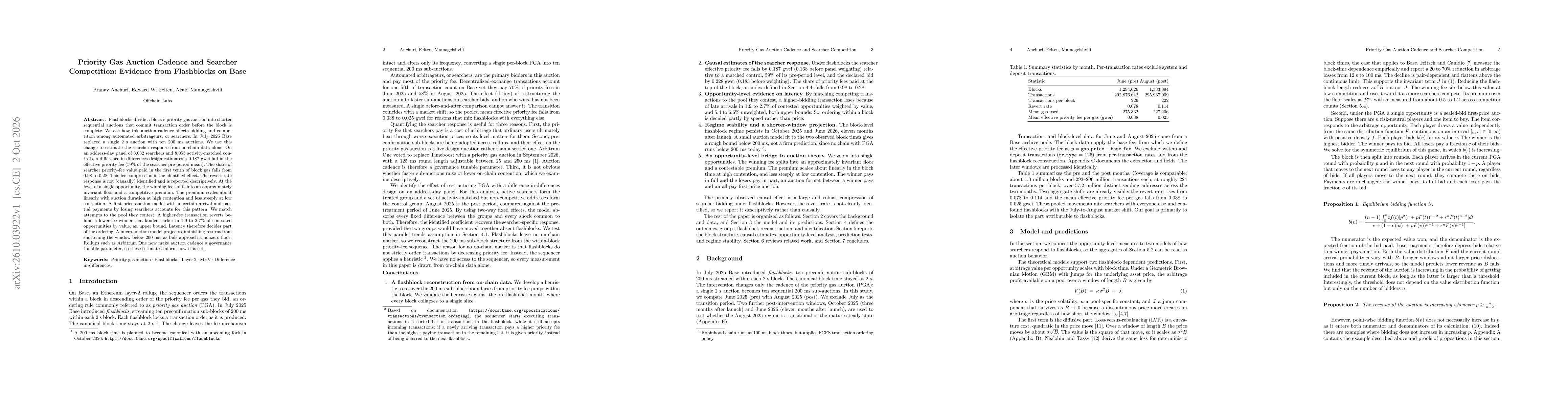 Thumbnail for Priority Gas Auction Cadence and Searcher Competition: Evidence from Flashblocks on Base