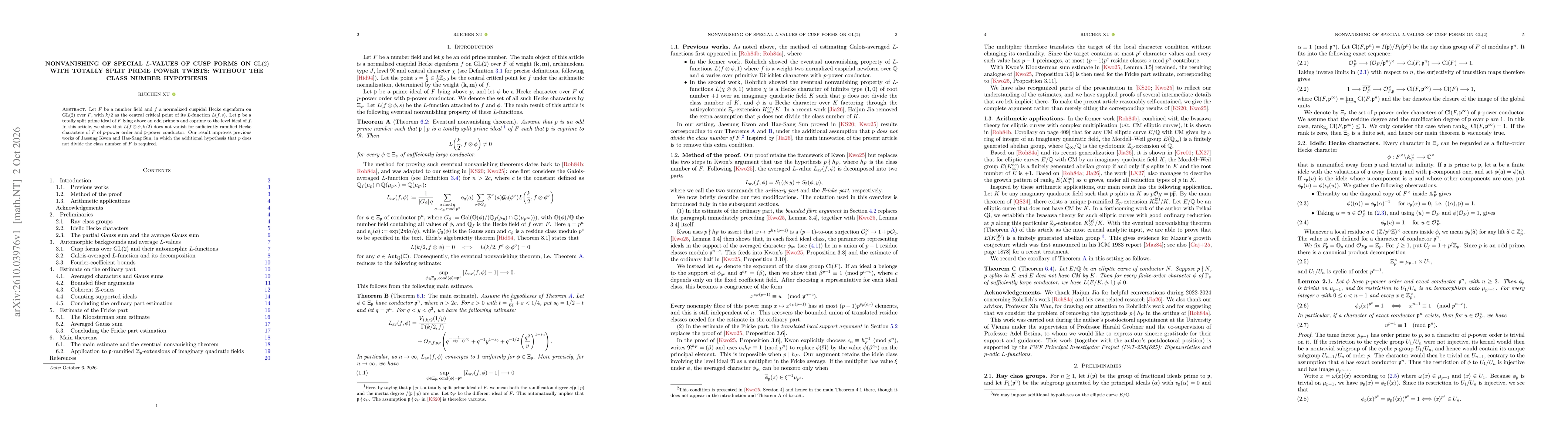 Thumbnail for Nonvanishing of special $L$-values of cusp forms on $\mathrm{GL}(2)$ with totally split prime power twists: without the class number hypothesis