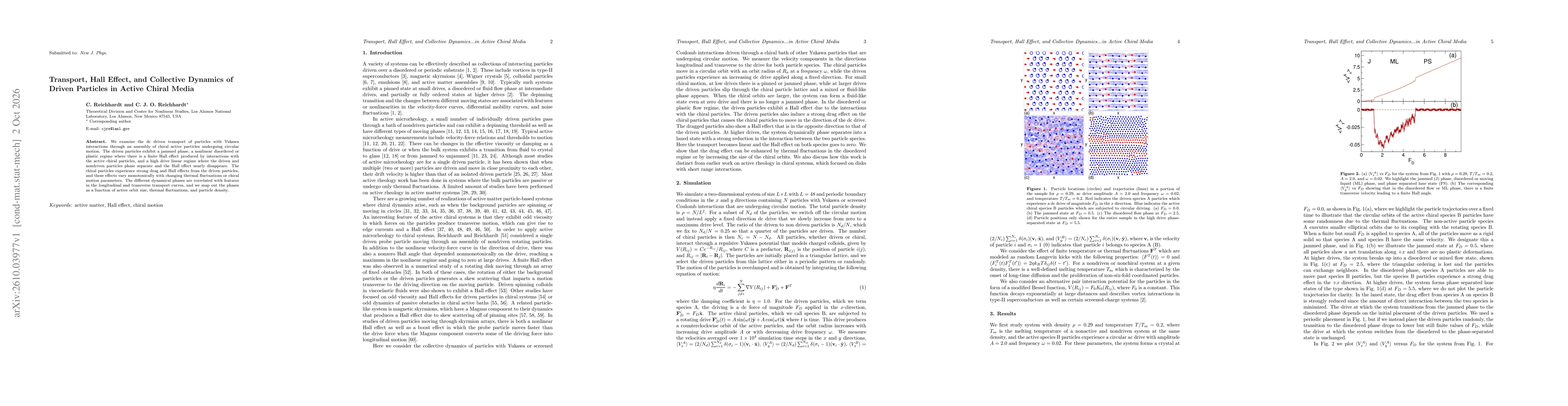 Thumbnail for Transport, Hall Effect, and Collective Dynamics of Driven Particles in Active Chiral Media