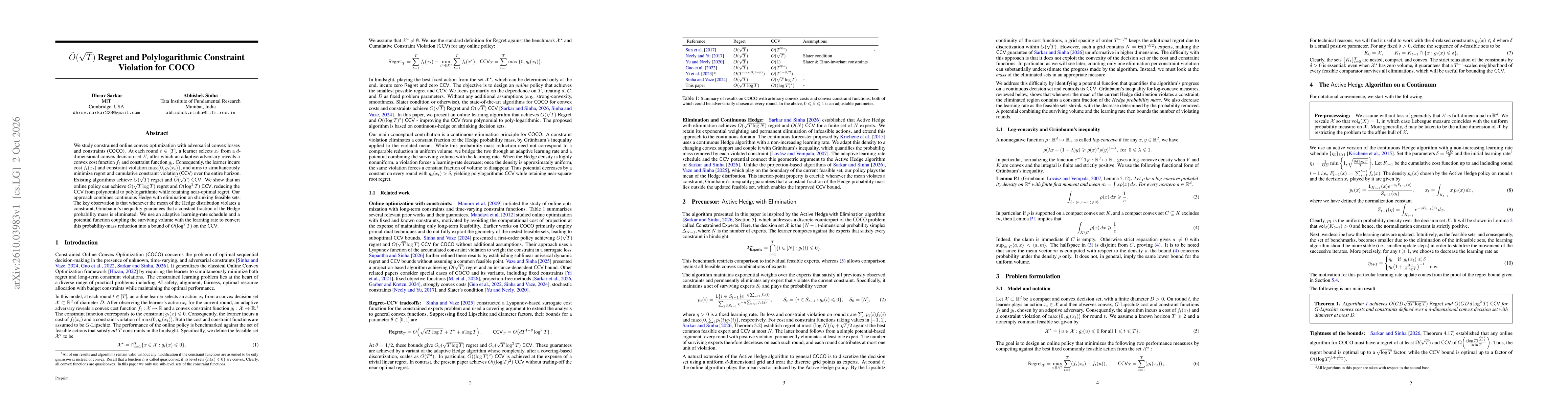 Thumbnail for $\tilde{O}(\sqrt{T})$ Regret and Polylogarithmic Constraint Violation for COCO