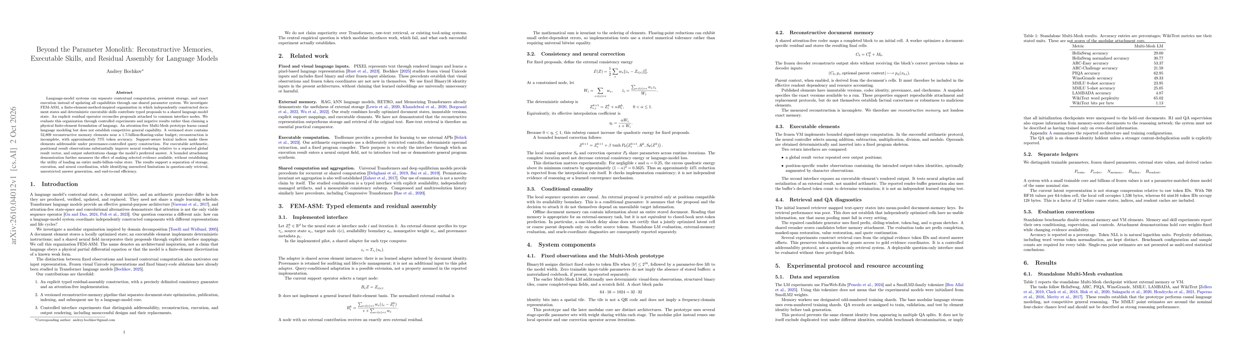 Thumbnail for Beyond the Parameter Monolith: Reconstructive Memories, Executable Skills, and Residual Assembly for Language Models