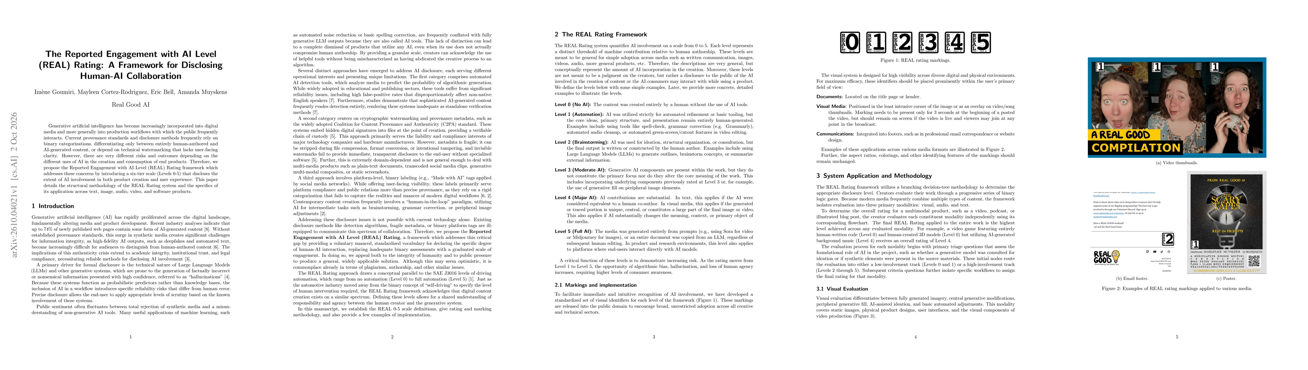 Thumbnail for The Reported Engagement with AI Level (REAL) Rating: A Framework for Disclosing Human-AI Collaboration