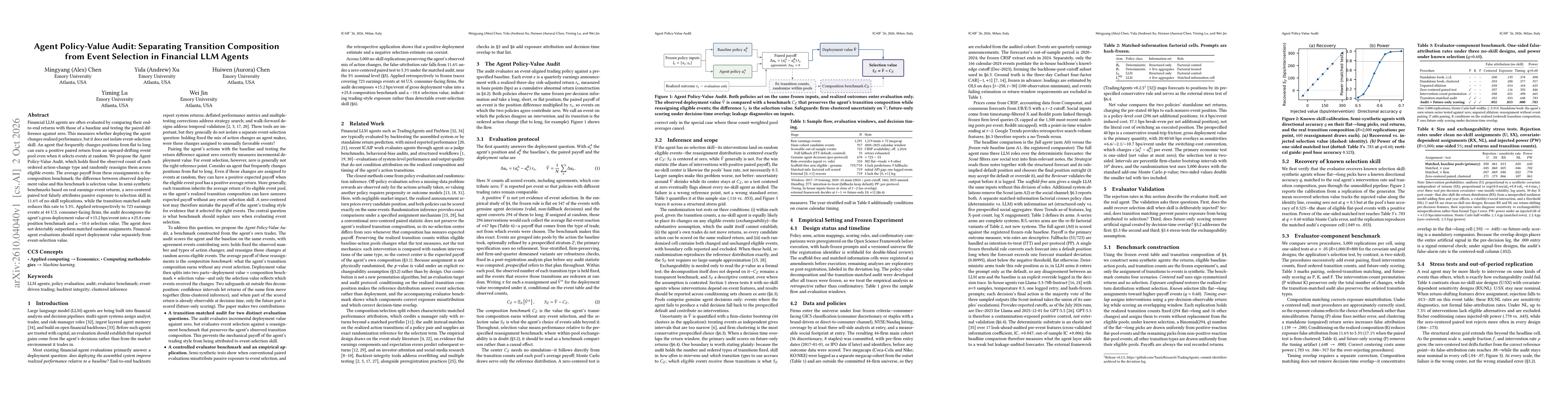 Thumbnail for Agent Policy-Value Audit: Separating Transition Composition from Event Selection in Financial LLM Agents