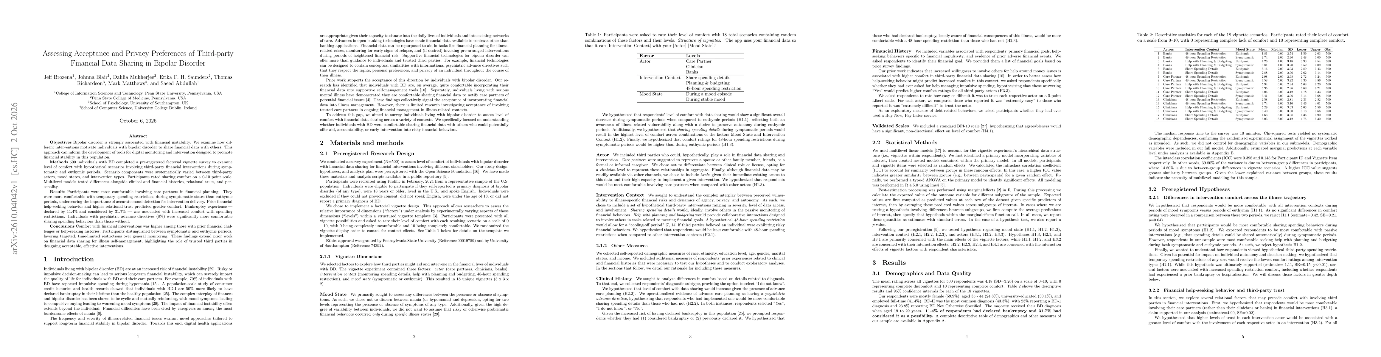 Thumbnail for Assessing Acceptance and Privacy Preferences of Third-party Financial Data Sharing in Bipolar Disorder