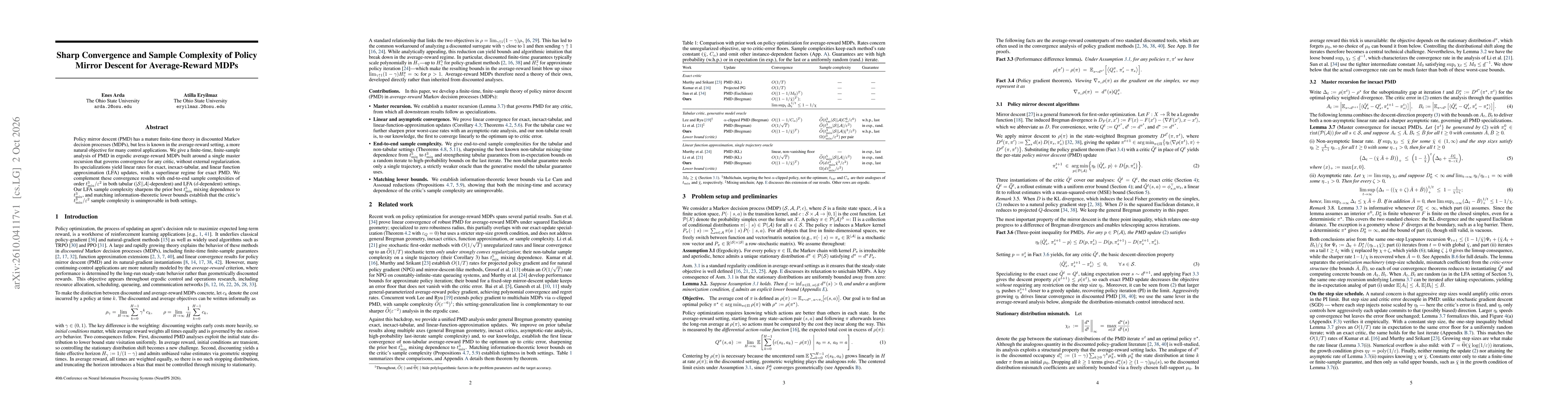 Thumbnail for Sharp Convergence and Sample Complexity of Policy Mirror Descent for Average-Reward MDPs