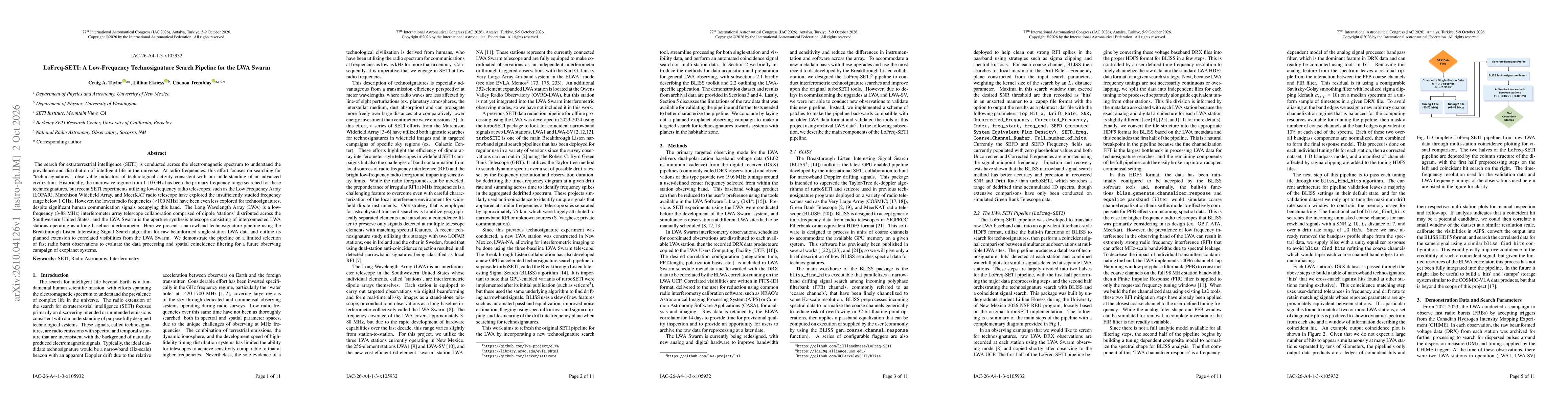Thumbnail for LoFreq-SETI: A Low-Frequency Technosignature Search Pipeline for the LWA Swarm