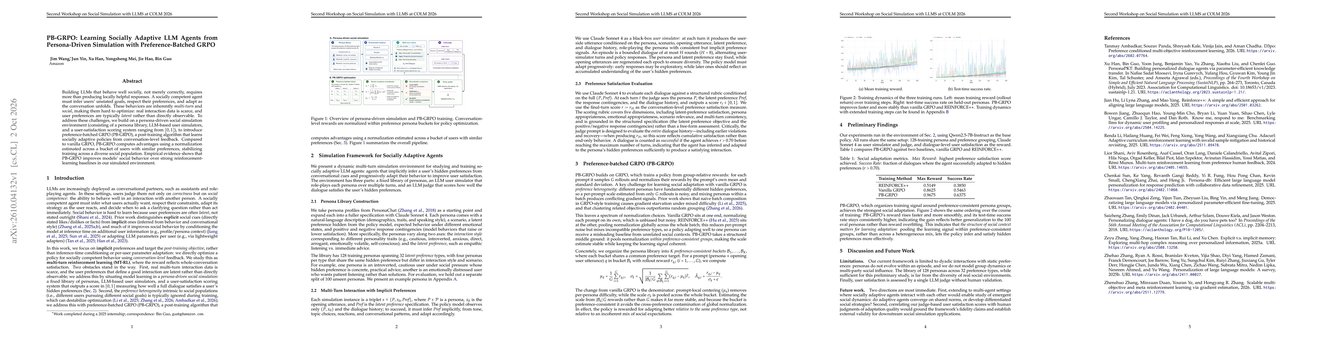 Thumbnail for PB-GRPO: Learning Socially Adaptive LLM Agents from Persona-Driven Simulation with Preference-Batched GRPO