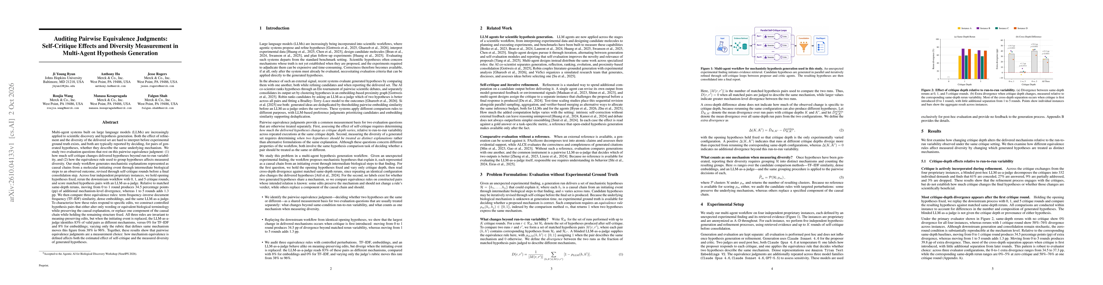 Thumbnail for Auditing Pairwise Equivalence Judgments: Self-Critique Effects and Diversity Measurement in Multi-Agent Hypothesis Generation
