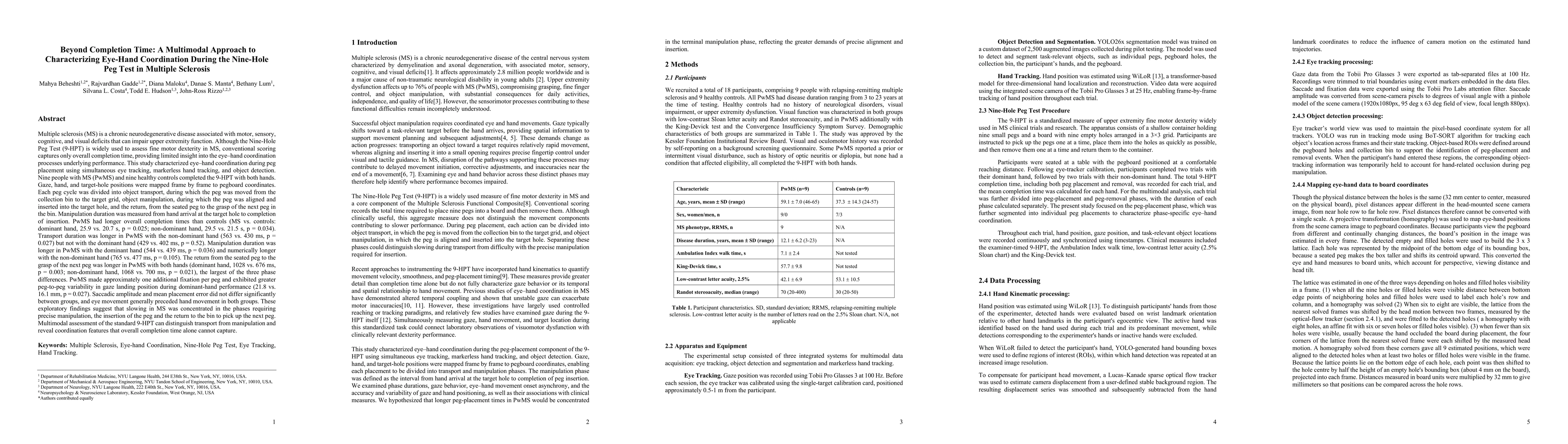 Thumbnail for Beyond Completion Time: A Multimodal Approach to Characterizing Eye-Hand Coordination During the Nine-Hole Peg Test in Multiple Sclerosis