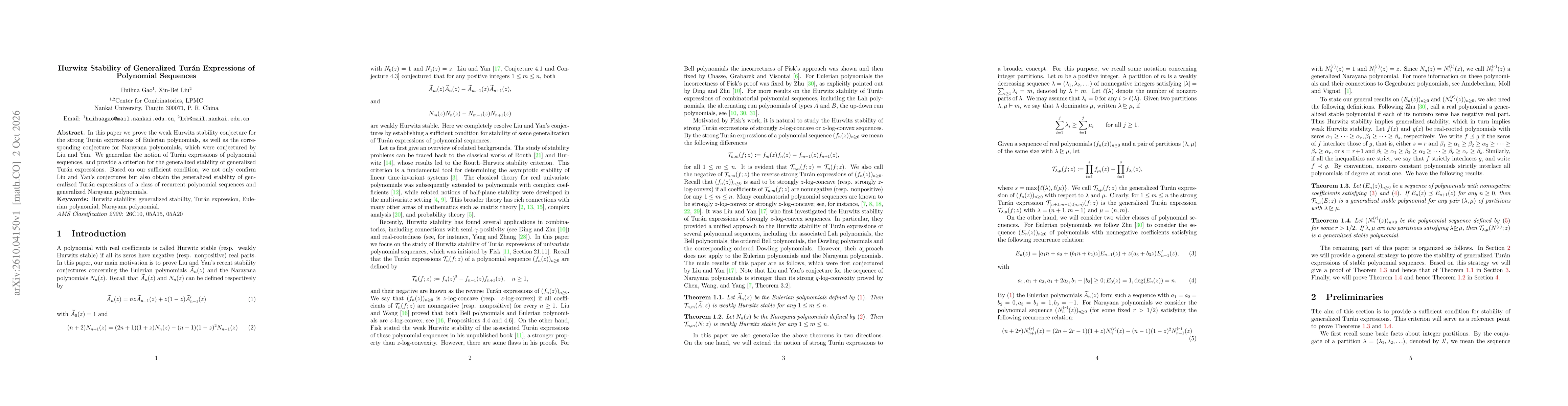 Thumbnail for Hurwitz Stability of Generalized Turán Expressions of Polynomial Sequences