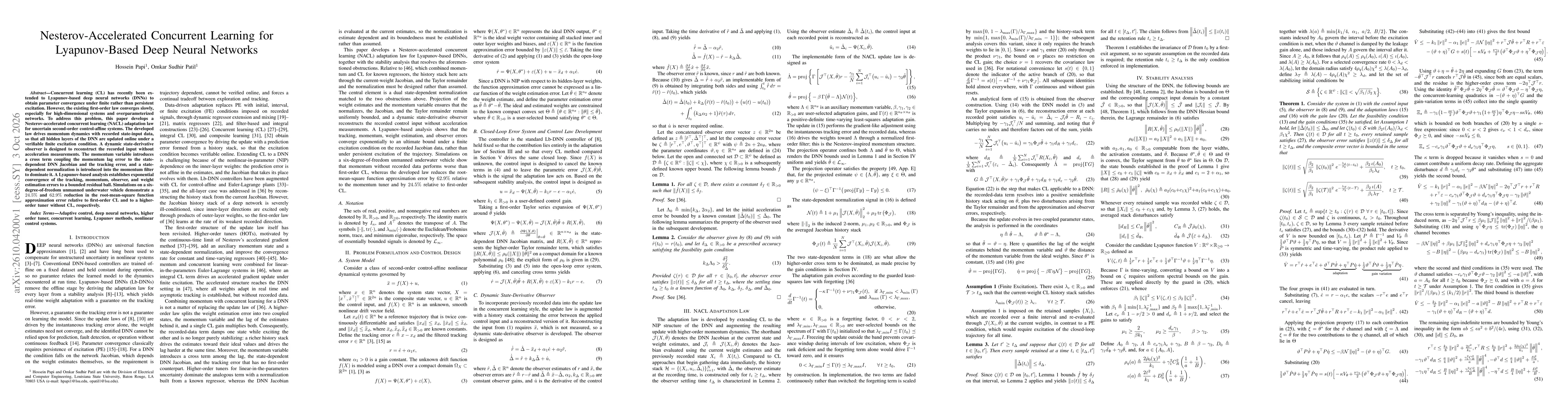 Thumbnail for Nesterov-Accelerated Concurrent Learning for Lyapunov-Based Deep Neural Networks