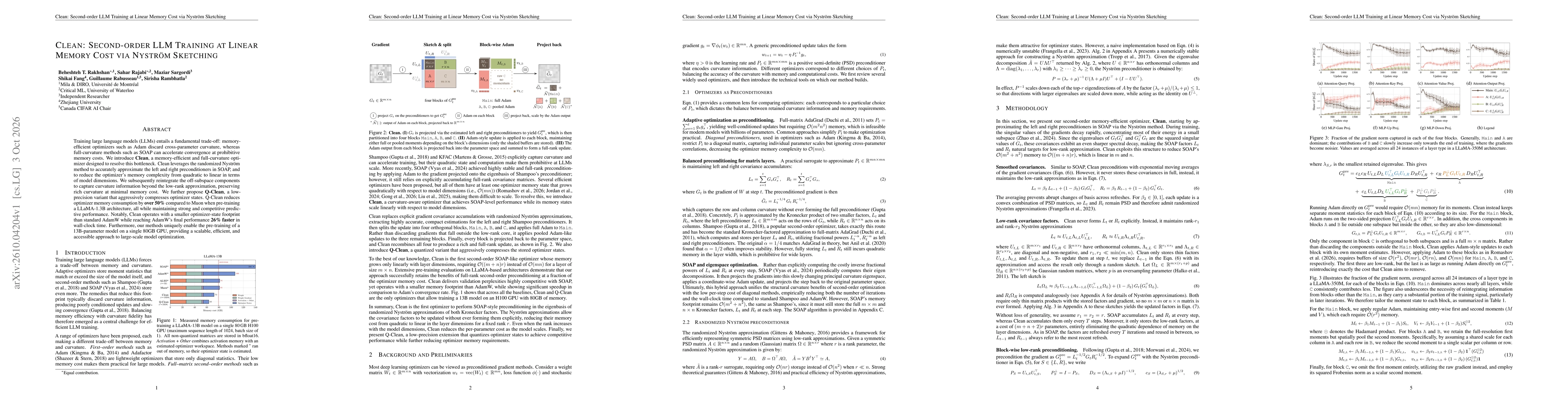 Thumbnail for Clean: Second-order LLM Training at Linear Memory Cost via Nyström Sketching